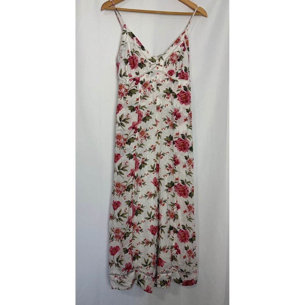 American Eagle Floral Boho Wide Leg Jumpsuit Pink White Lace Trim Size 4 Cottage